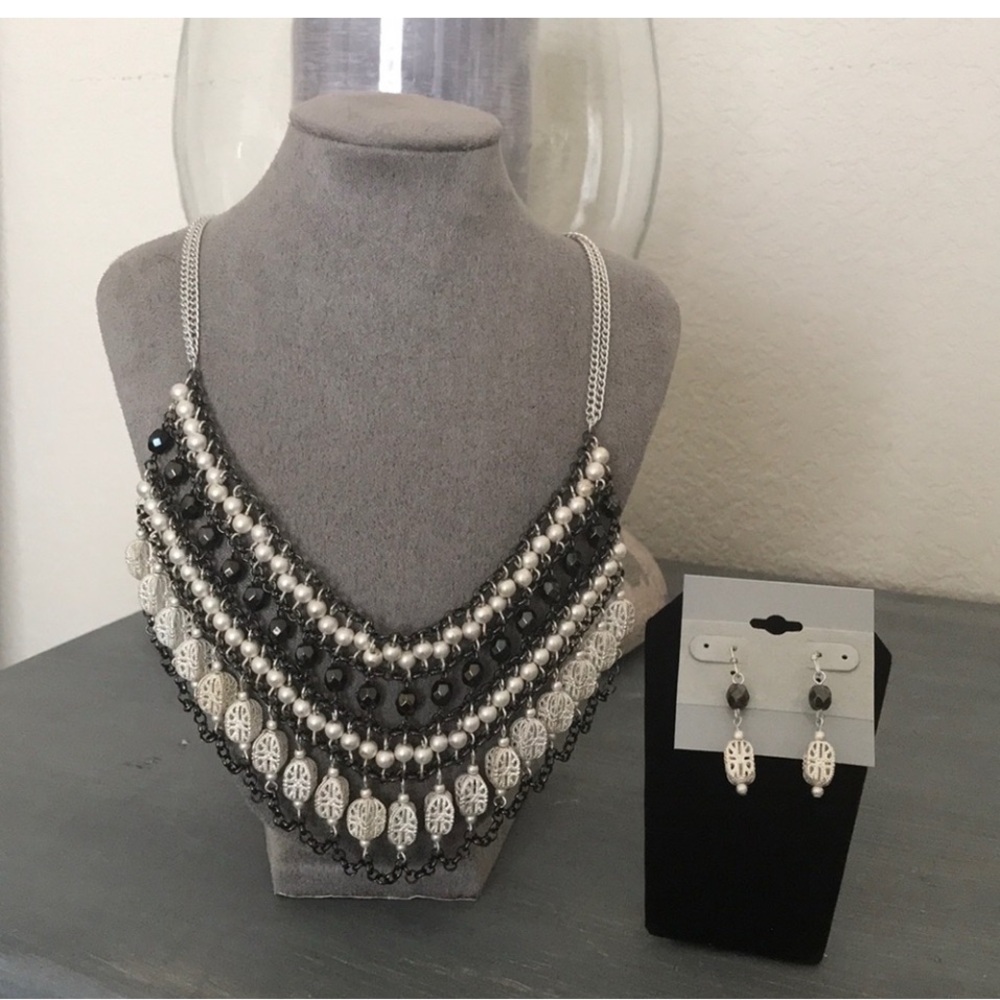 Elegant Black and Silver Necklace and Earring Set
